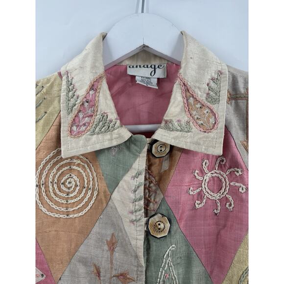 Anage Vintage Jacket Womens Large Beige Pink Green 100% Silk Embroidered Nature - Picture 4 of 16